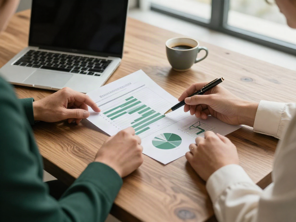Two consultants working together to interpret performance charts and business reports